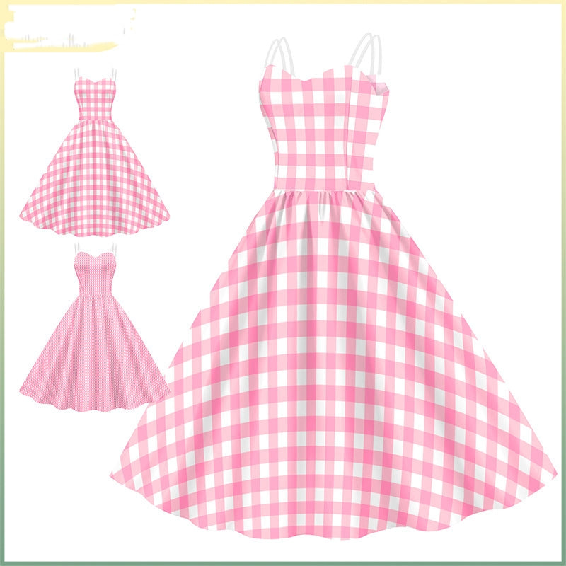 Barbie Digital Print Pink Plaid Dress for Women