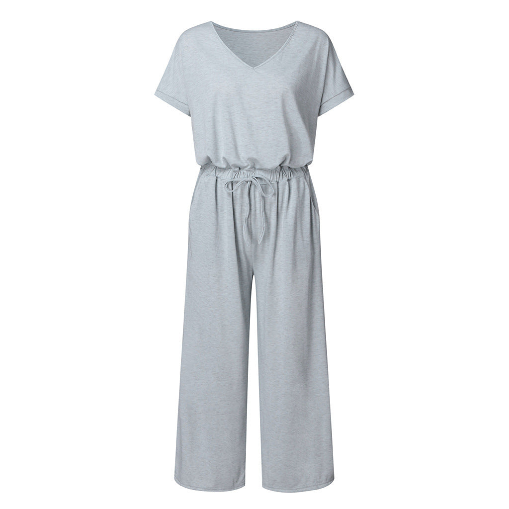 Women's V-Neck Wide-Leg Jumpsuit with Elastic Waist