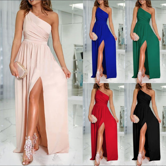 Women's Clothing: Solid Color Maxi Dress with One Shoulder, Hollow-out Halter, and High Waist Slit