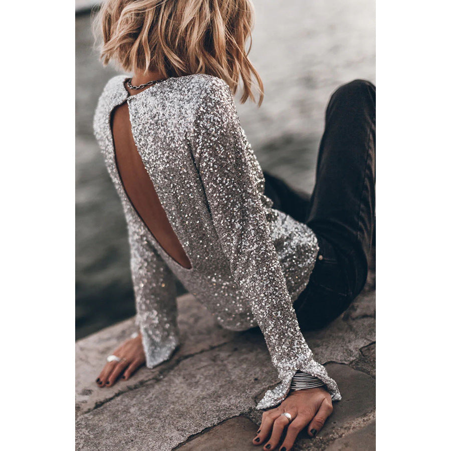 European and American Party Sequined Long Sleeve Round Neck Top