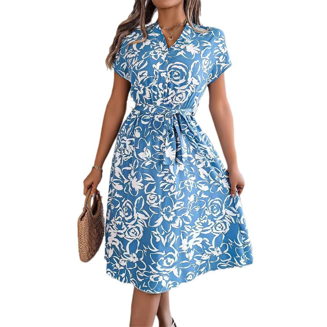 Women's Casual V-Neck Flower Swing Dress with Button and Batwing Sleeves