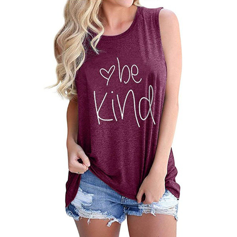 Letter Printed Round Neck Casual Sleeveless T-shirt