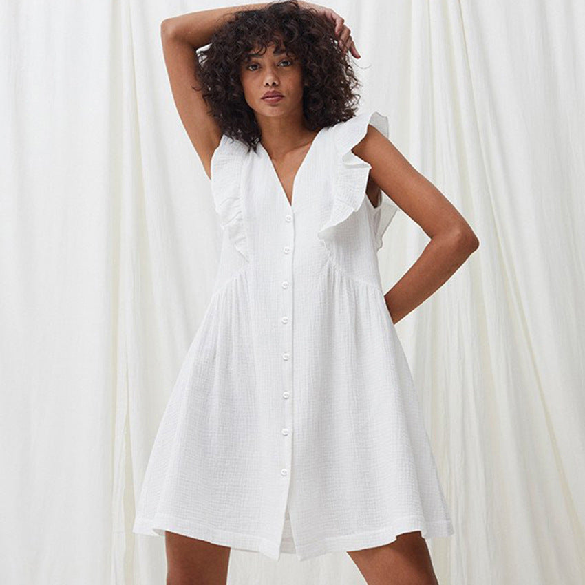 Nightdress Sleeveless Ruffled One-piece Pajamas Double-layer Gauze Home Female Dress