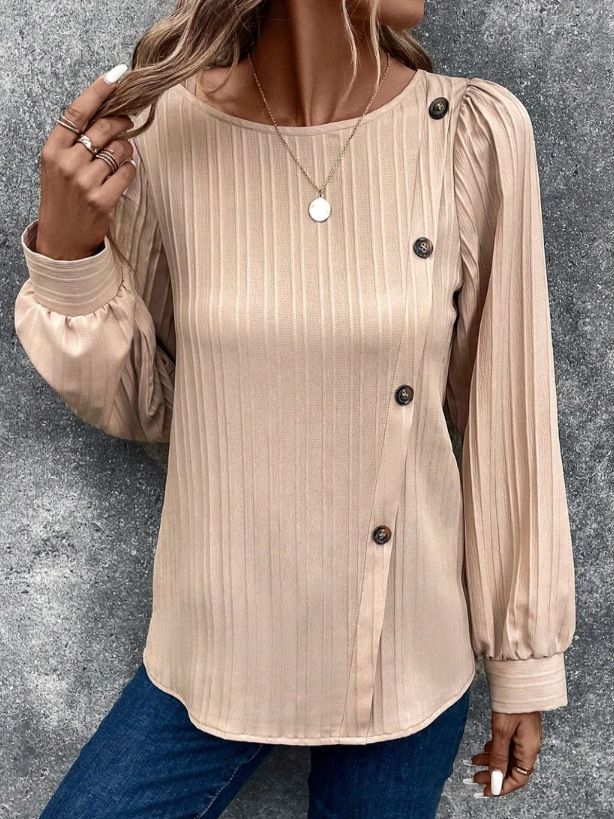 Women's Fastener Decoration Crew Neck Casual Solid Color Long-sleeved Shirt