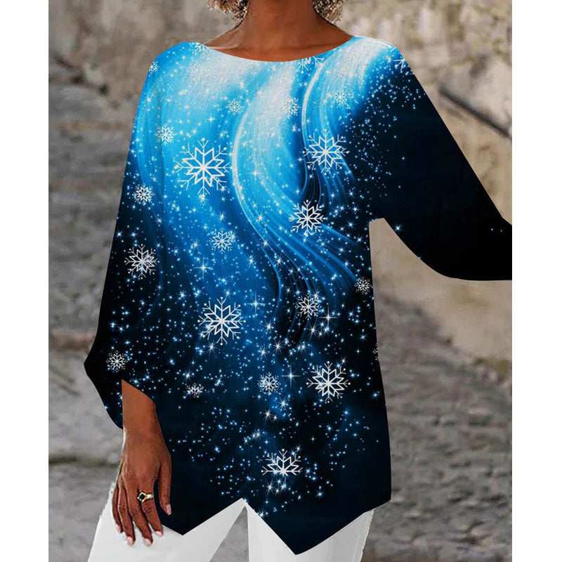Boat Neck Long Sleeve Top with Starry Sky Galaxy 3D Print for Women