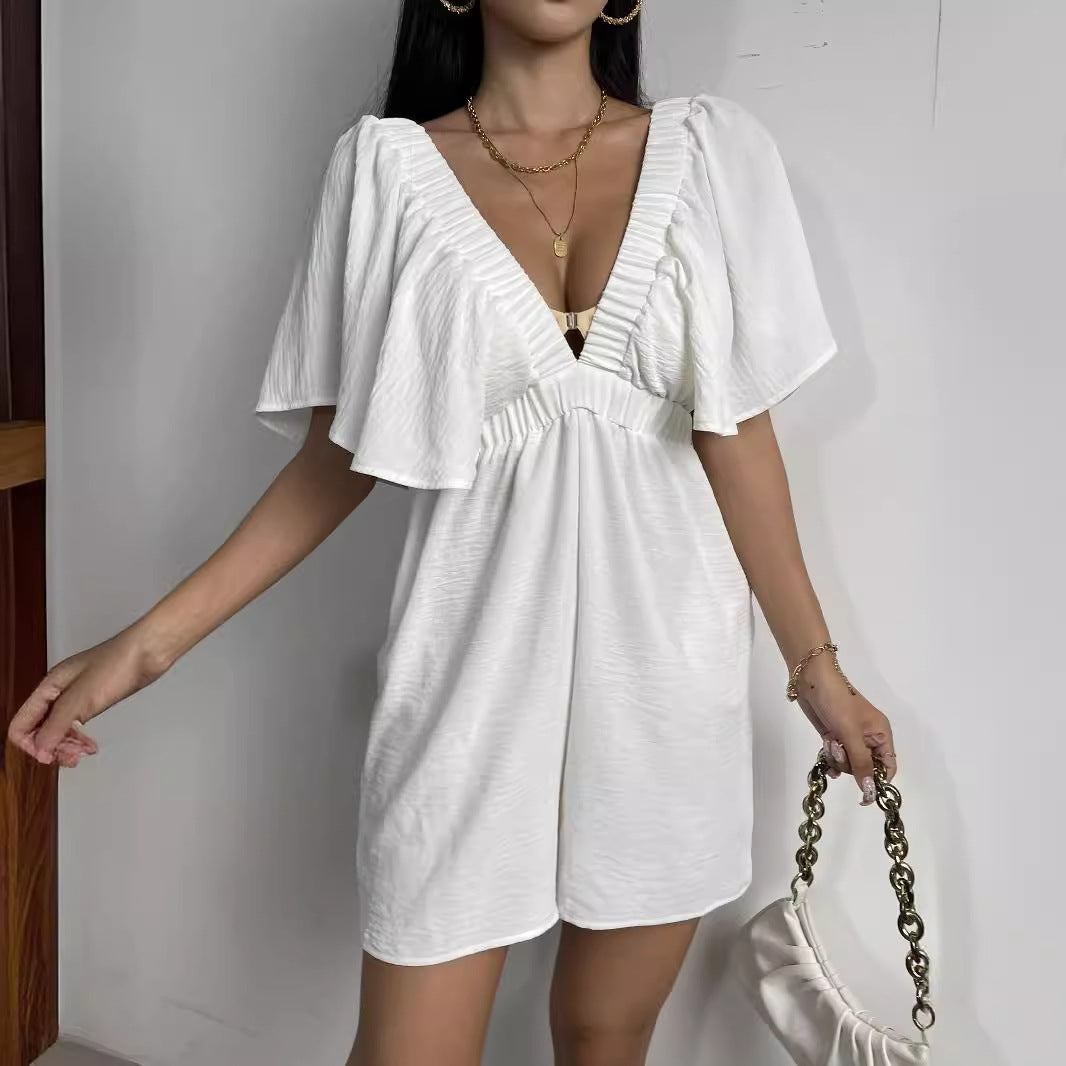 Women's V-Neck Short Sleeve Casual Jumpsuit in Simple Pure Color with Slimming Loose Fit