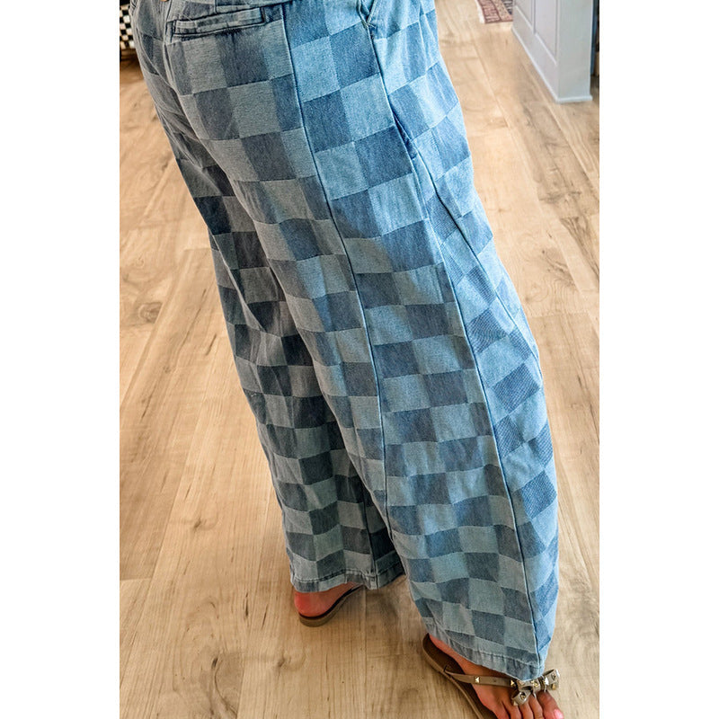 Women's Loose Fit Trendy Chessboard Plaid Printed Jeans