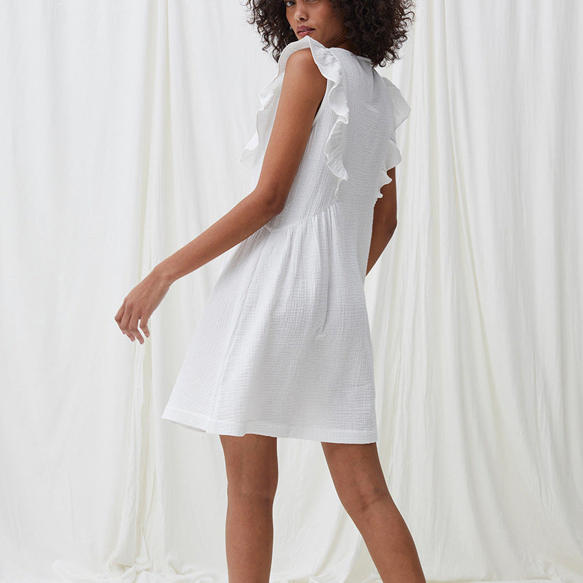 Nightdress Sleeveless Ruffled One-piece Pajamas Double-layer Gauze Home Female Dress