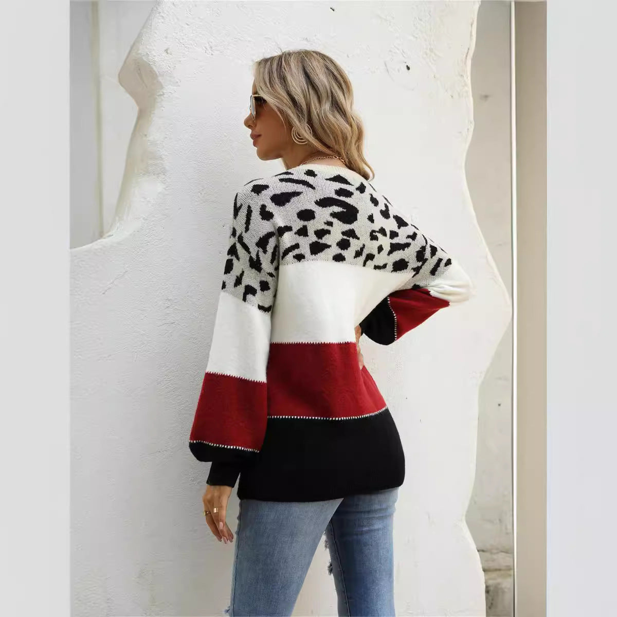 Plus Size Crew Neck Pullover Sweater with Stitching Leopard Print