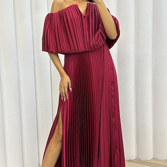 Off-Shoulder Pleated Split Dress for Women