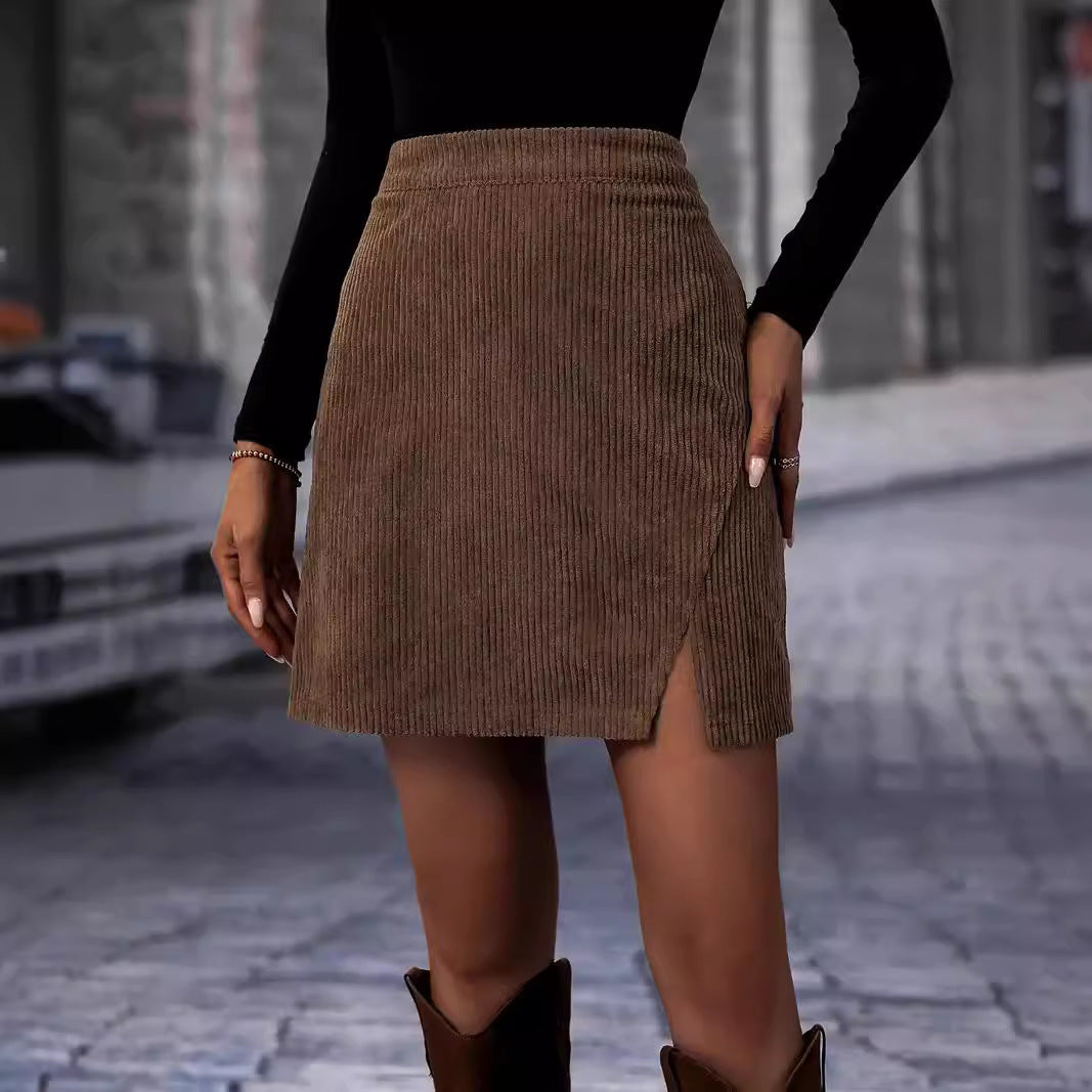 New Women's Fashion Ribbed Corduroy Split Skirt