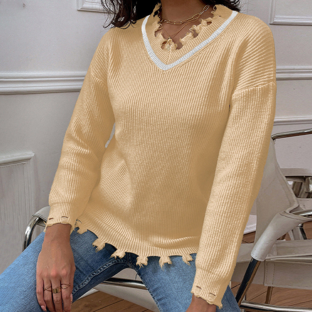 V-neck Solid Color Loose-fitting Women's Knitwear Sweater