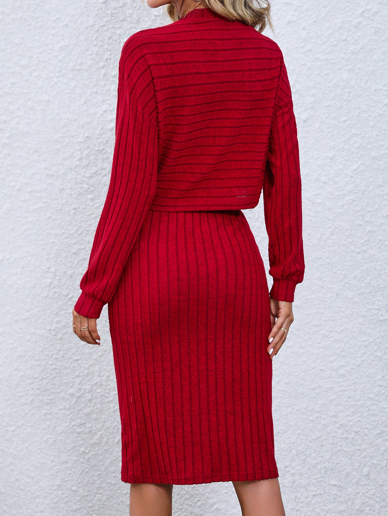 Two-Piece Set with Solid Color Long Sleeve Top and Hip Skirt