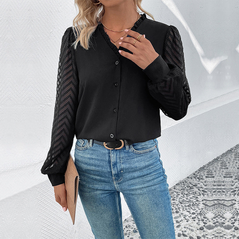 Women's Shirt Lace Stitching Long Sleeve Hot French Style V-neck Buckle Top