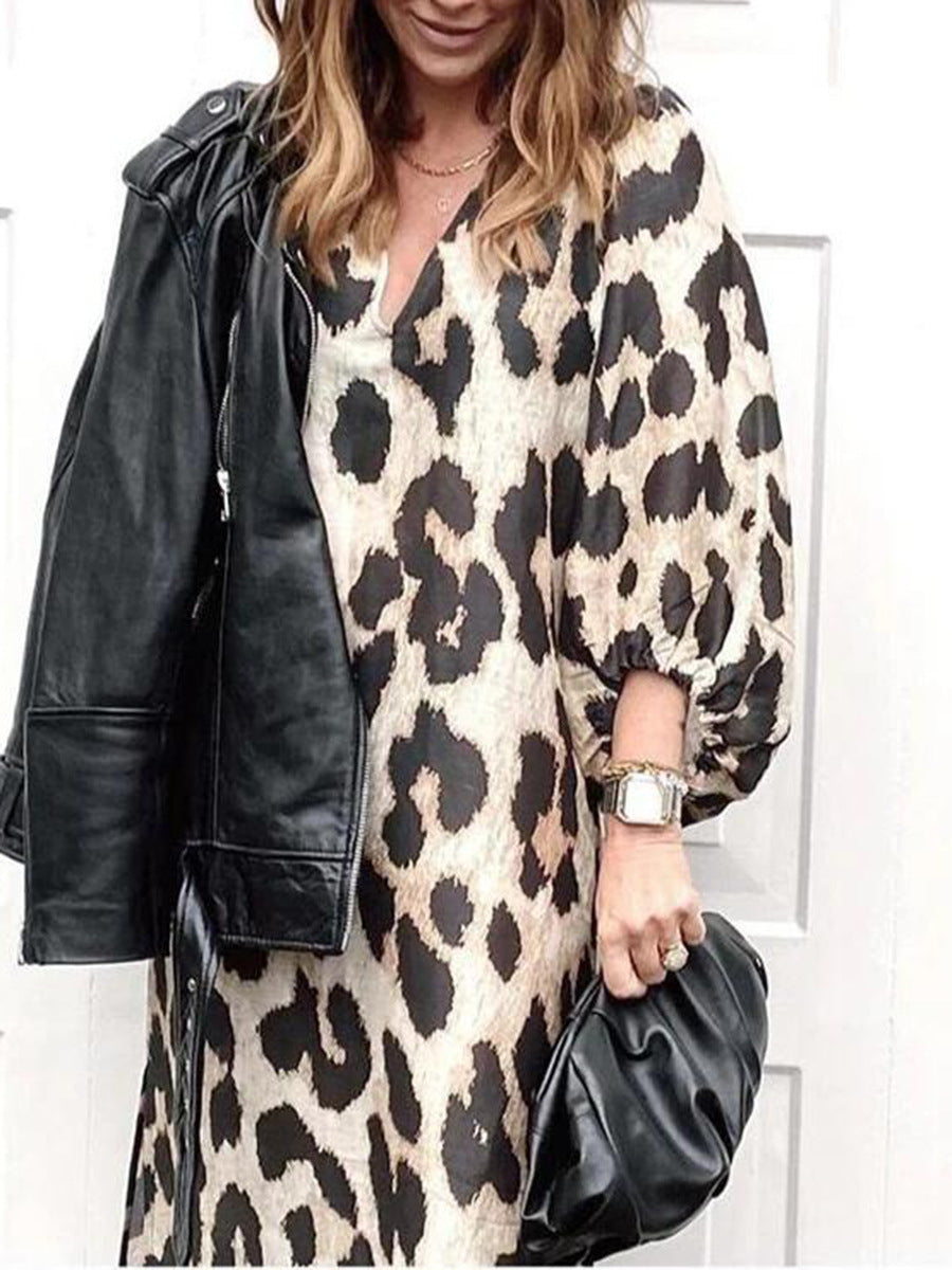 Leopard Print Loose Lantern Sleeve Dress