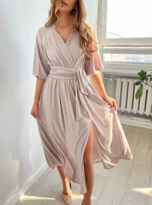 Stylish Women's V-Neck Maxi Dress Lantern Sleeves