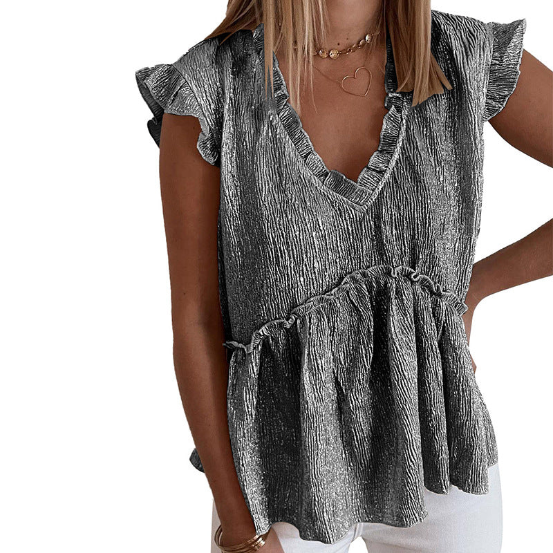 Personalized Metal Pleated Ruffled Short Sleeve Loose Top for Women