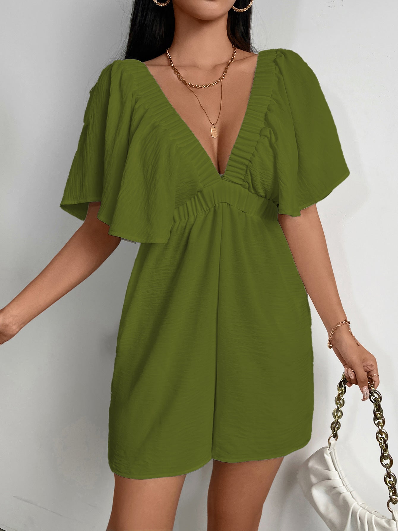 Women's V-Neck Short Sleeve Casual Jumpsuit in Simple Pure Color with Slimming Loose Fit