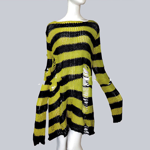 Womens Striped Loose Knitwear With Ripped Mid-length Sweater