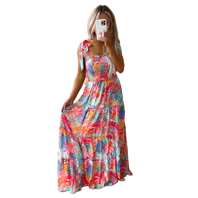 Casual Pleating High Waist Print Dress