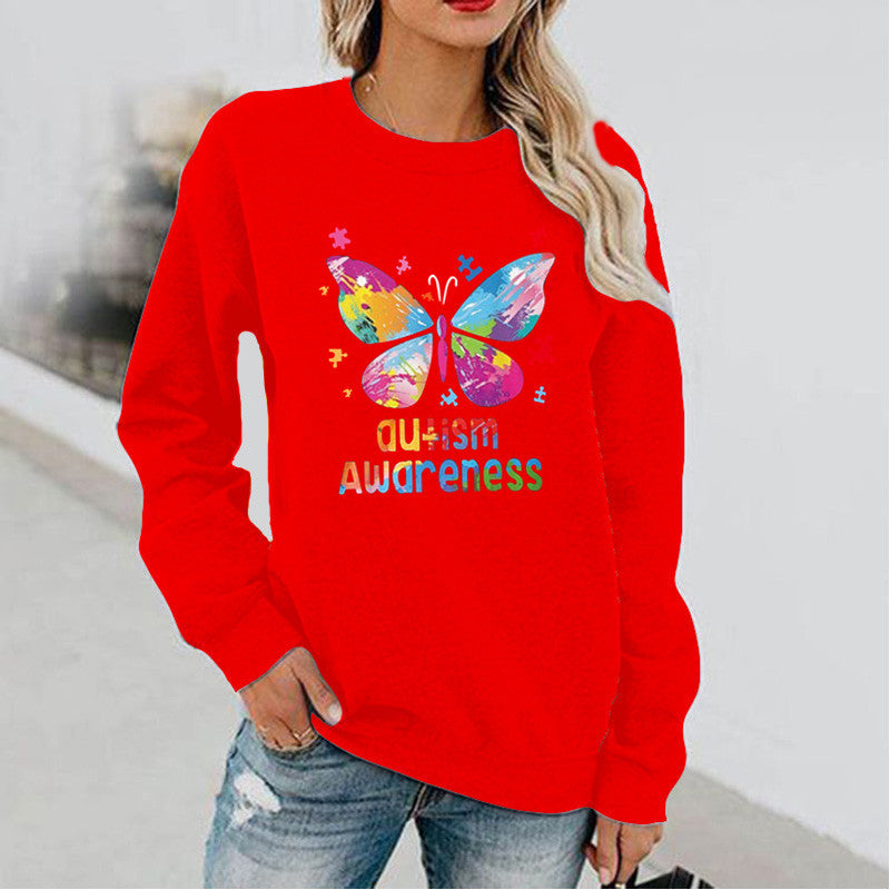 Women's Butterfly Print Long Sleeve Hoodless Round Neck Sweatshirt