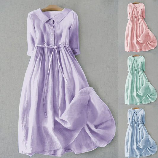 French Retro Cotton Linen Pleated Skirt Dress for Women