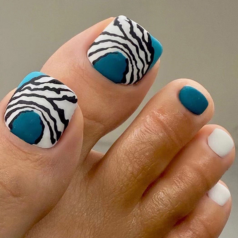 Wearing Blue Black And White Lines For Nail Art