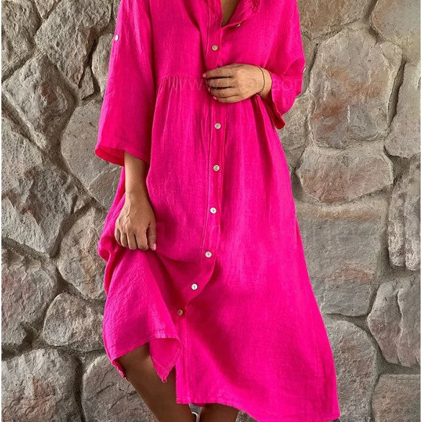 Casual Standing Collar Button Long Dress