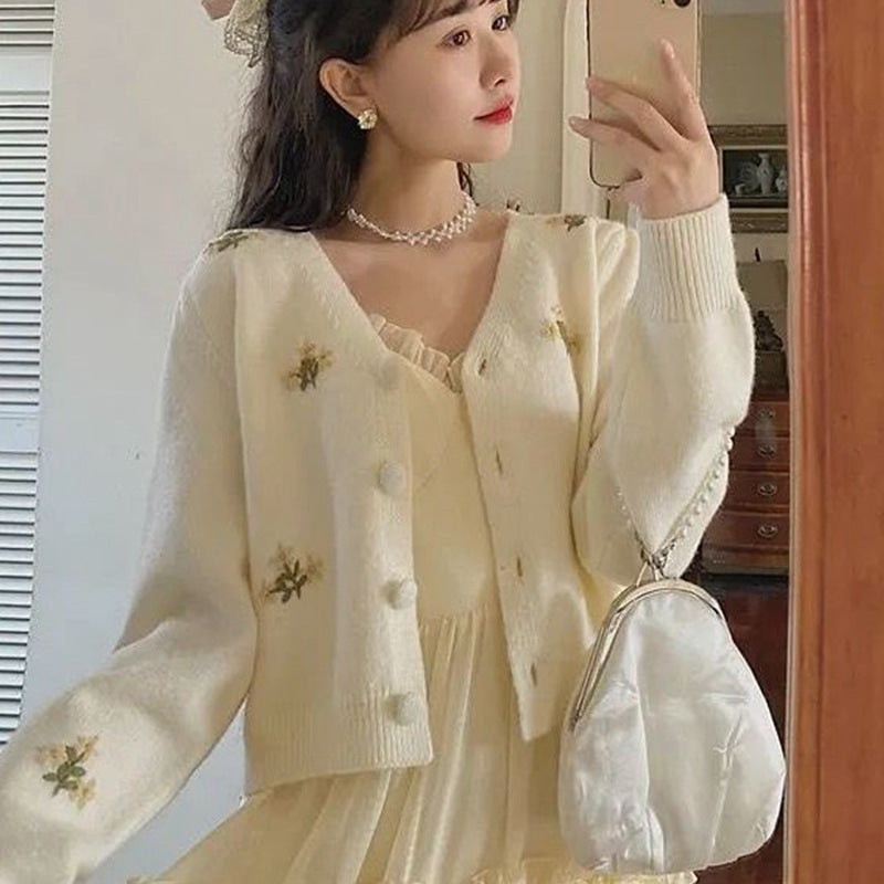 Embroidered Knitted Cardigan Women's Long-sleeved Top