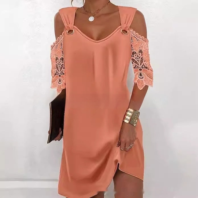 Loose V-Neck Dress with Lace Sleeve and Strap Detail