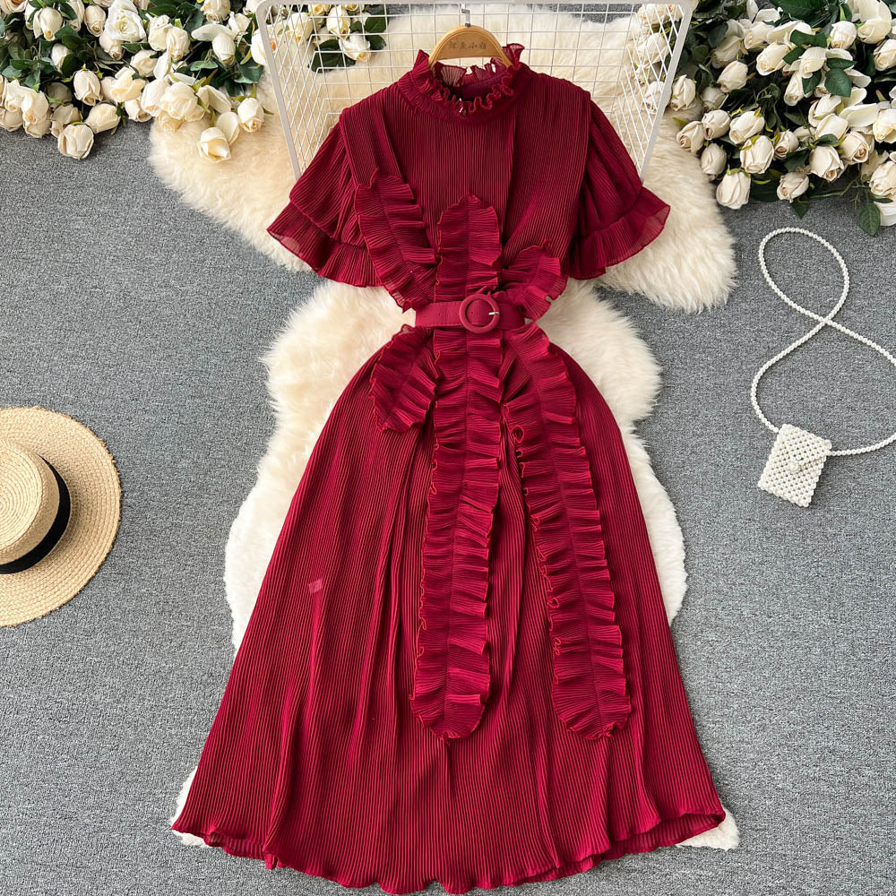 Pleated Ruffled Dress with Waist-Slimming Long Sleeves