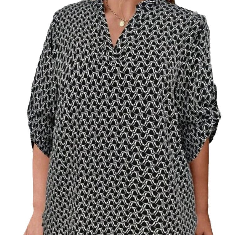 Women's Shirt V-neck Long Sleeve Temperament Printed Slimming Top