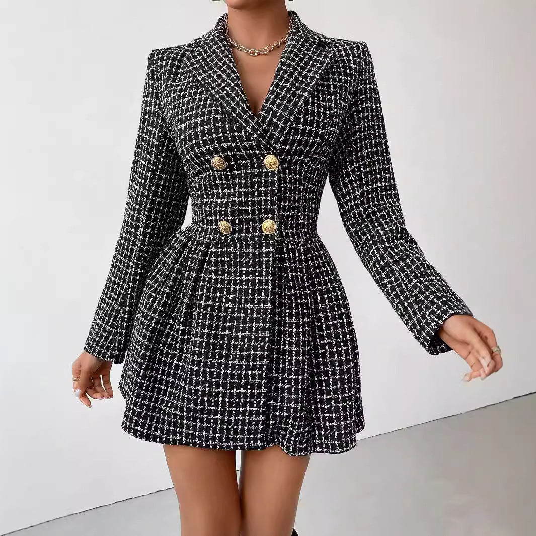 Chic Plaid V-Neck Long Sleeve Skirt Coat for Effortless Commuting Style