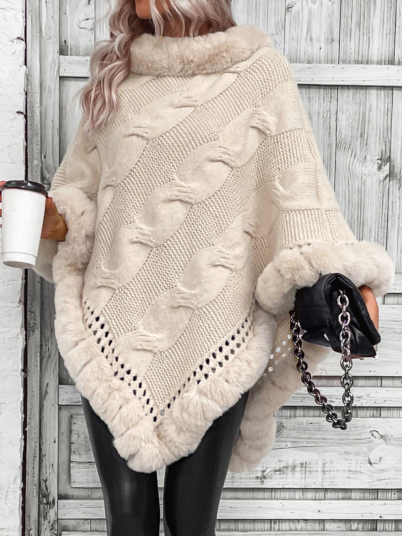 Fur Collar Hemp Pattern Cardigan Cape Sweater for Stylish Women