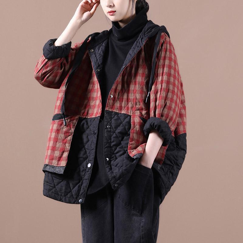 Artistic Plus Size Plaid Cotton-Padded Coat in Cotton Linen