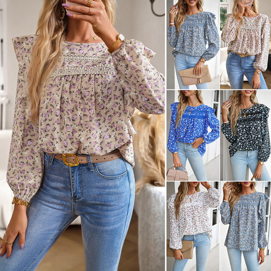 Chic Women's Round Neck Long Sleeve Floral Shirt for Fashionable Style