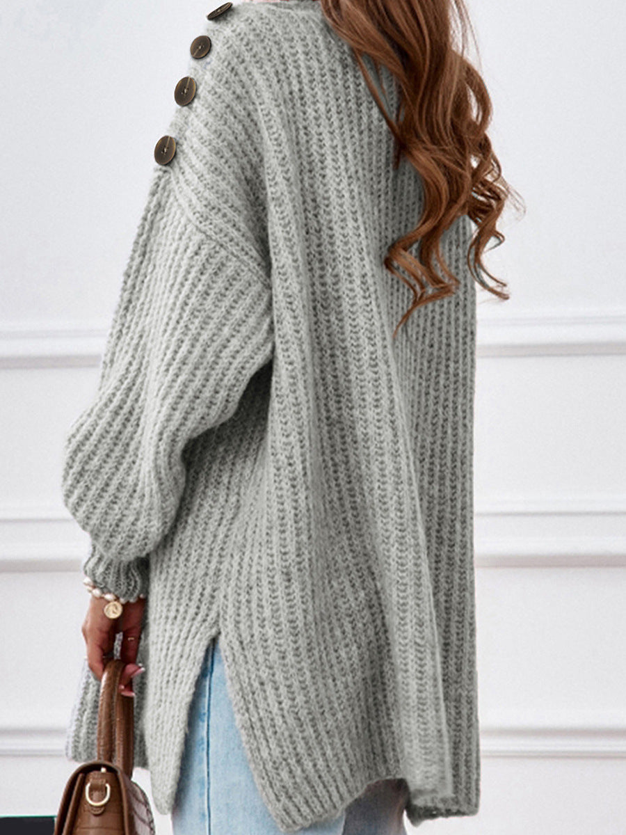 Gray Button Drooping Shoulder Width Loose Sweater