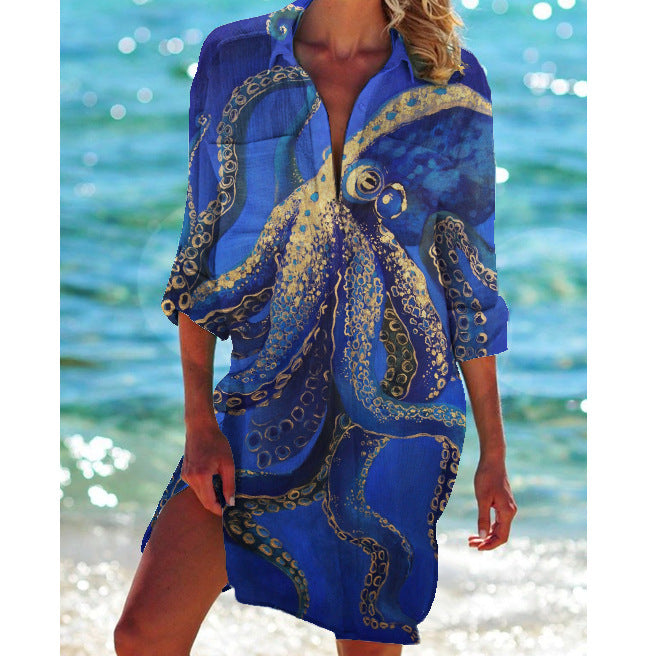 Vacation Beach Printed Shirt Bikini Cover-Up for Women