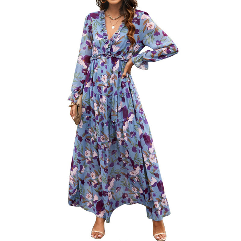 Printed Long Sleeve Dress Women's V-neck Loose