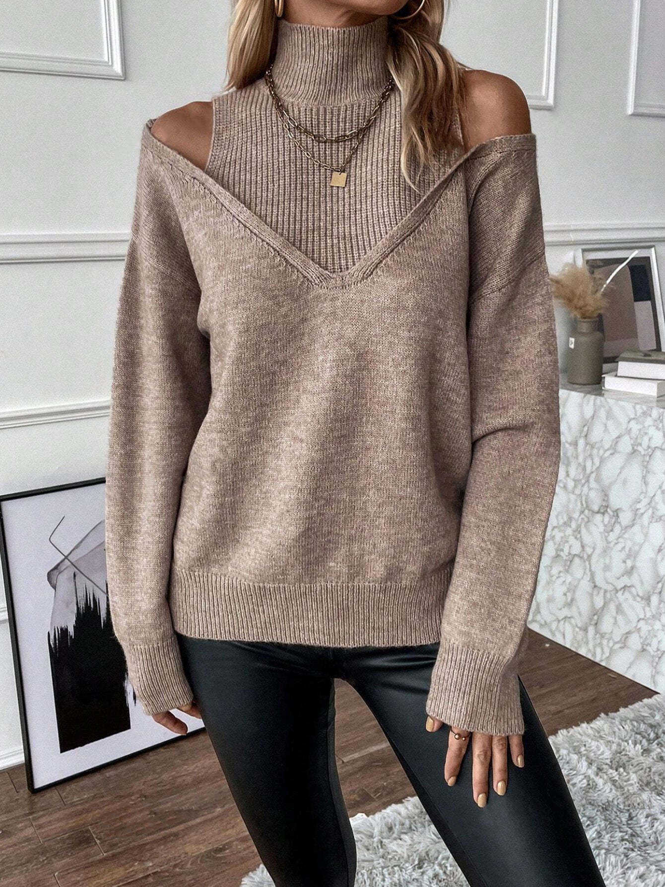 Off-the-Shoulder Half Turtleneck Solid Color Casual Sweater