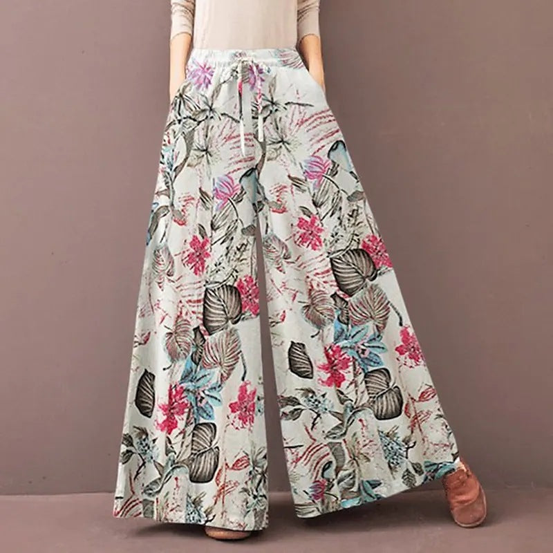 Women's Casual Floral Wide-Leg Pants with Elastic Waist