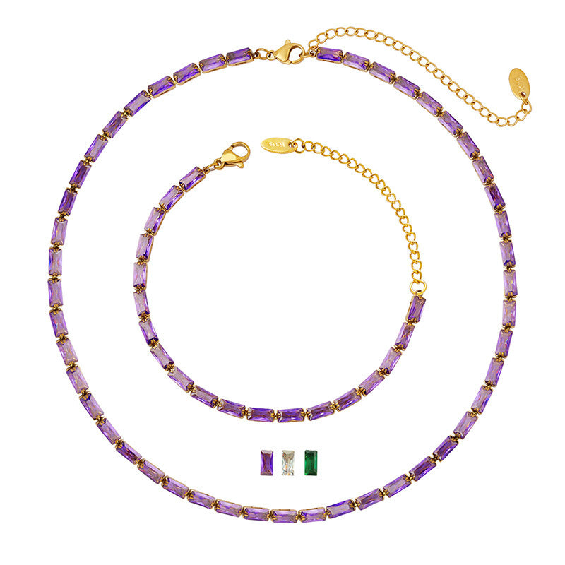 High-grade Graceful And Fashionable Crystal Clear Purple Green White Zircon Ornament Necklace Bracelet Jewelry Set