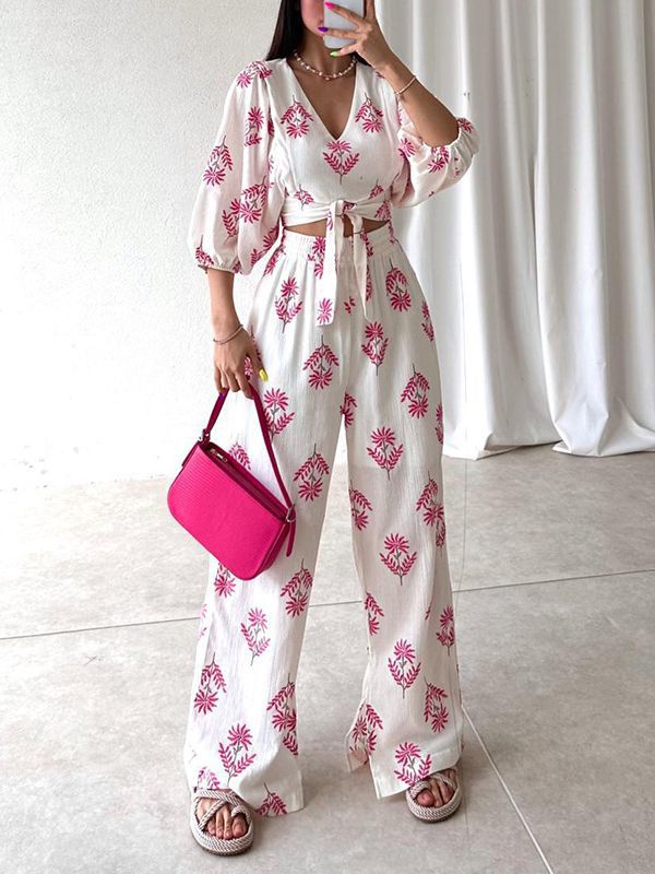 Women's Chic V-neck Printed Puff Sleeve Top and Trousers Two-piece Set