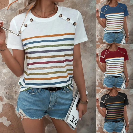 Short-Sleeved Casual Top for Women with Stripes Printed
