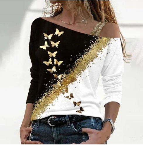 Fashion Casual Printed Trendy Diagonal Collar Top