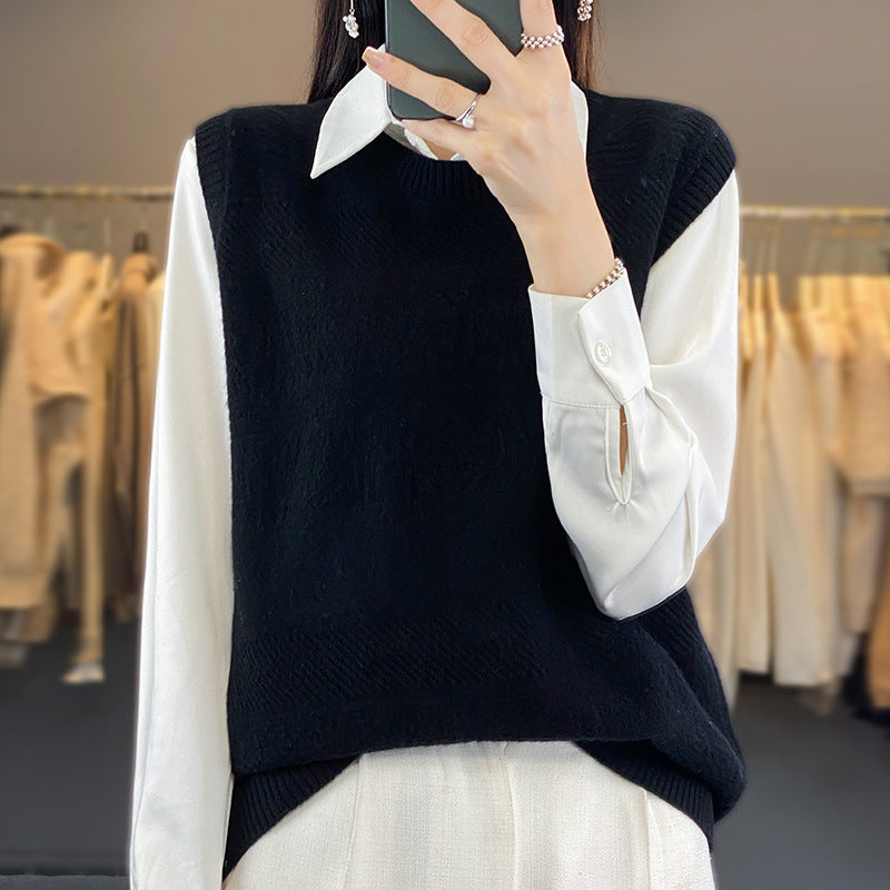 Women's Round Neck Loose-Fit Cashmere Knitted Pullover Sweater Vest