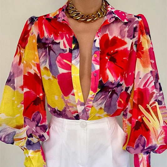Summer Fashion Shirt for Women with Printed Lantern Sleeves