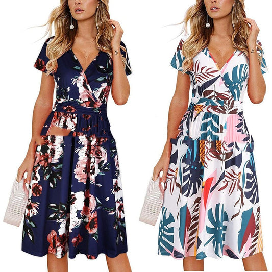 Printed V-neck Wrapped Chest Short Sleeve Pocket Midi Dress