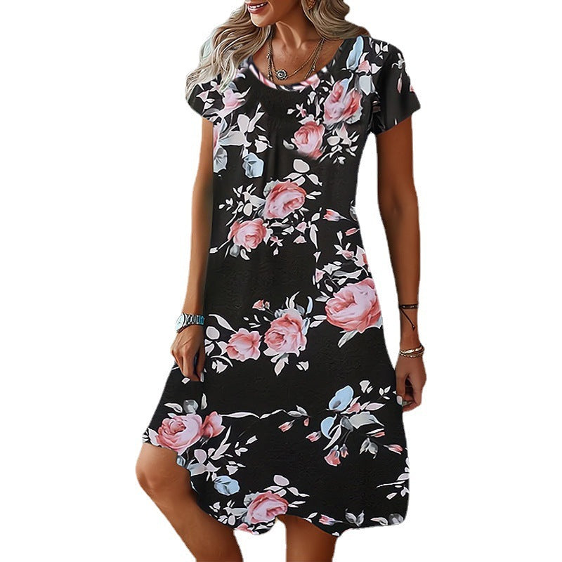 Casual Round Neck Loose Printed Short Sleeve Dress for Women's Summer Fashion