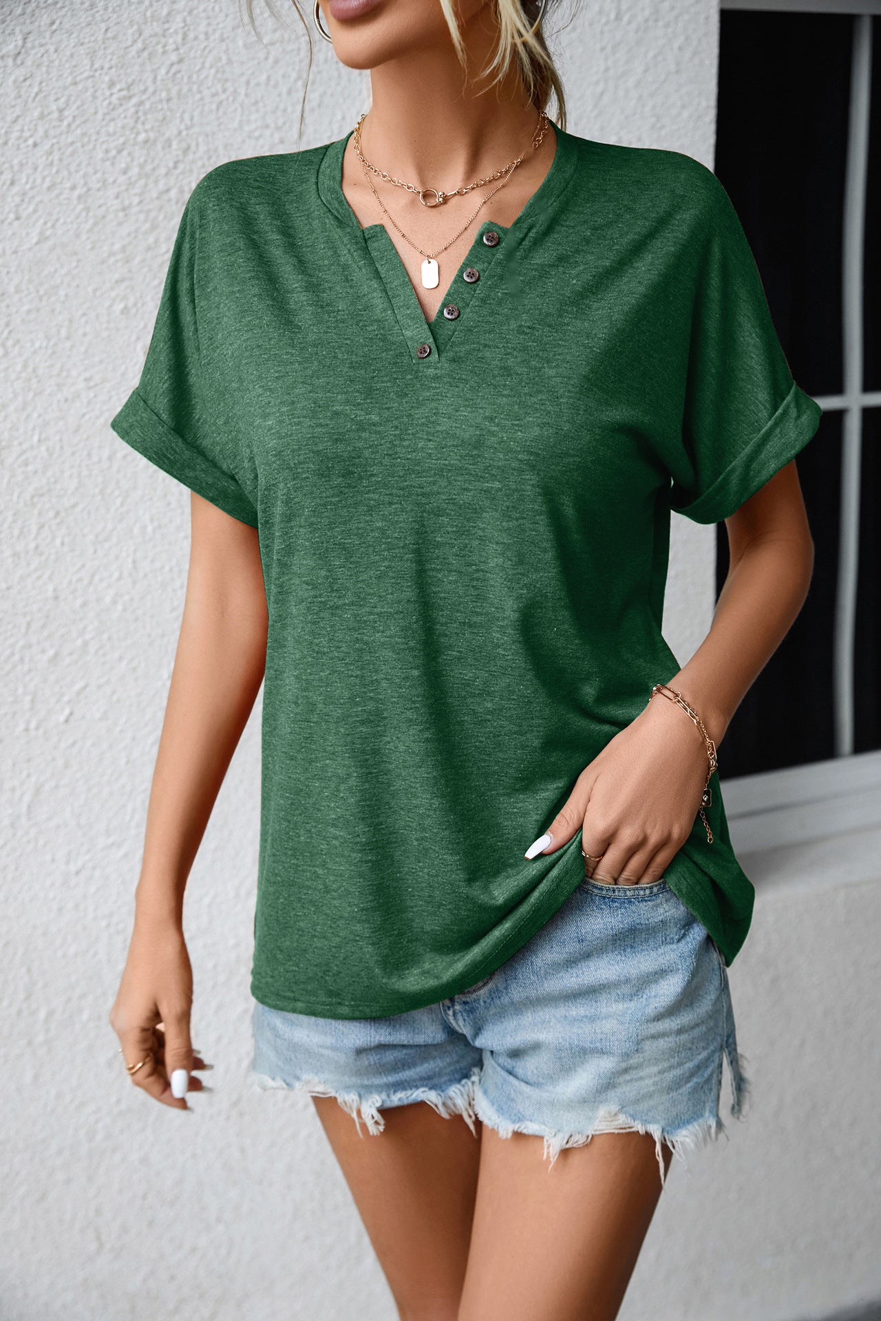 Summer Casual V-neck Solid Color Buttons Loose T-shirt